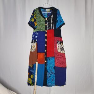 La Cera Crinkle Button Front Dress Medium Patchwork Pocket Artsy Shabby Chic